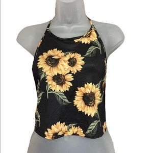 Sunflower Print Halter Crop Top